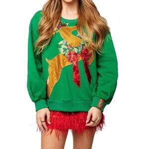 NEW QUEEN OF SPARKLES rhinestone rudolph sweatshirt in green